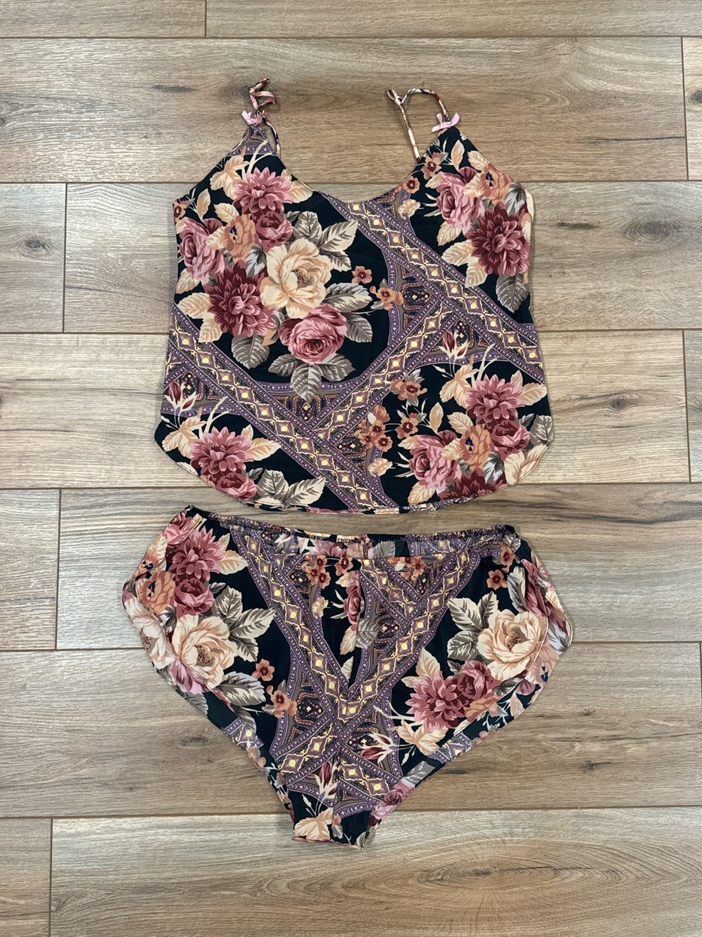 CIRCA 2000 Vintage Y2k Romantic Floral Silk Two-piece Pajama Set | Size Large